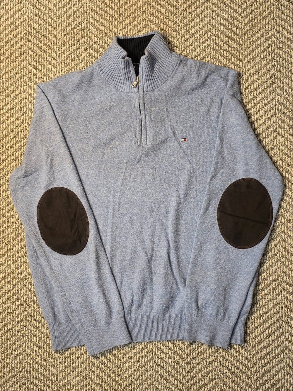 Tommy Hilfiger Light Blue Zip-Neck Sweater with Dark Elbow Patches
